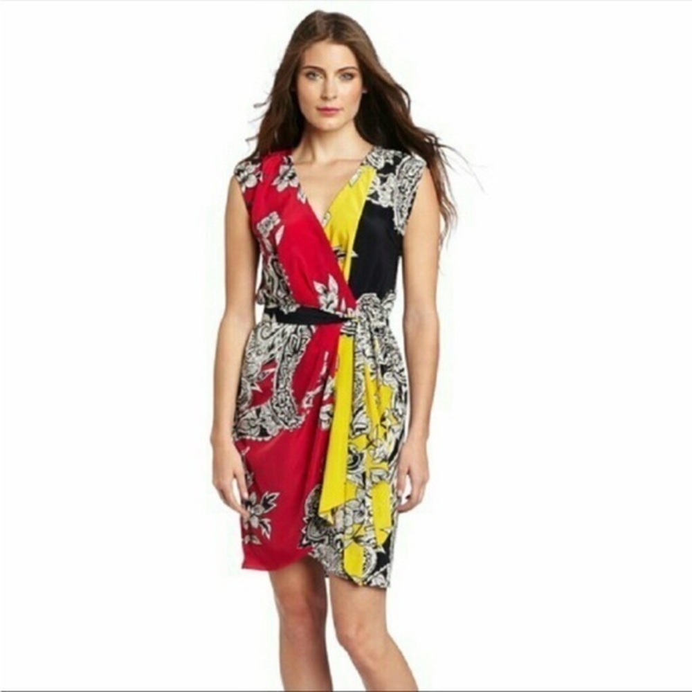 YOANA BARASCHI BALINESE PAISLEY PINK BLACK COCKTAIL SLEEVELESS FAUX WRAP DRESS 6